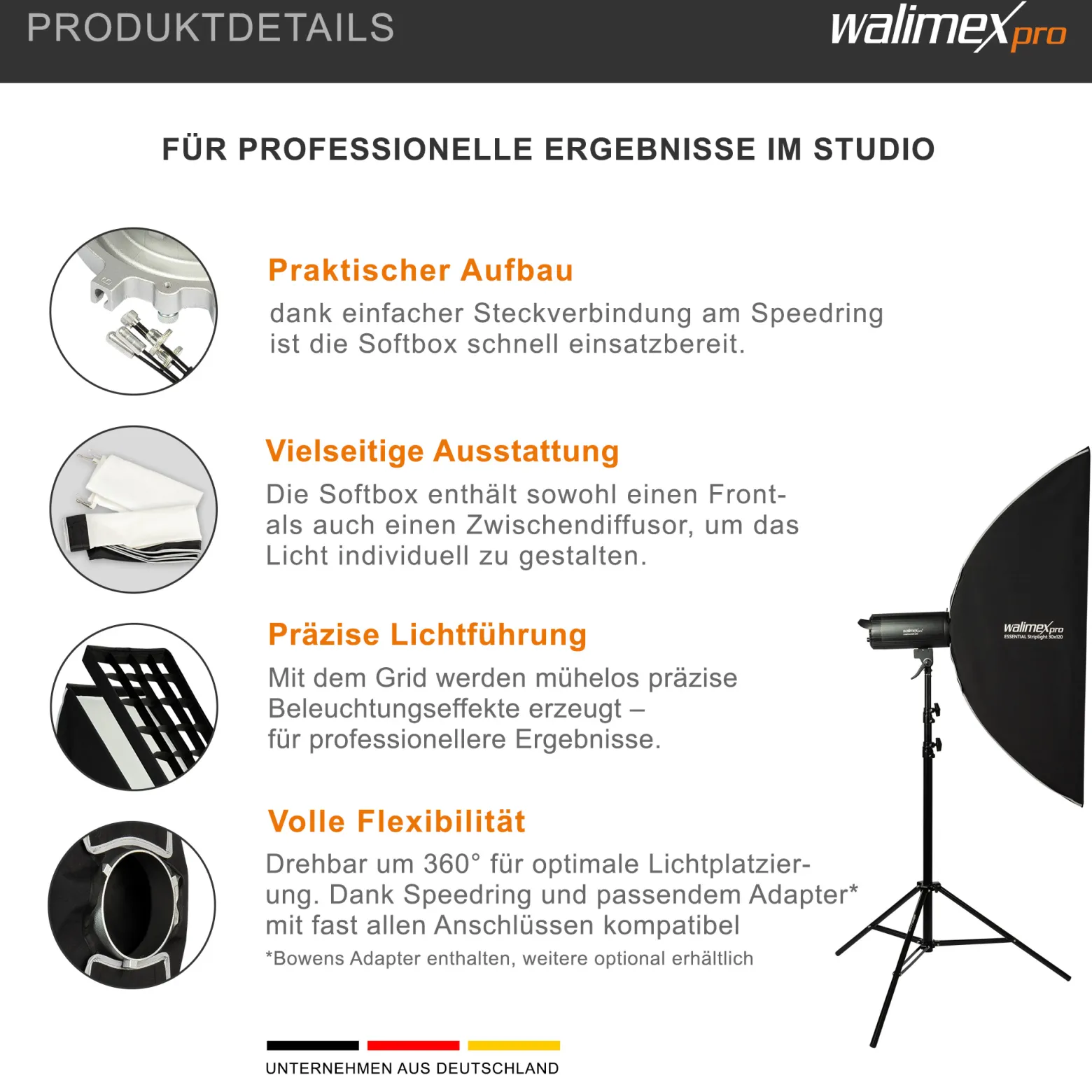 Walimex pro Essential Striplight Softbox 30 x 120 cm, Lichtformer um 360° drehbar, einfacher Aufbau, inkl. Grid, Bowens Adapter und Transporttasche, ideal für Produkt- und Peoplefotografie