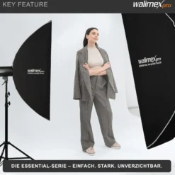 Walimex pro Essential Striplight Softbox 30 x 120 cm, Lichtformer um 360° drehbar, einfacher Aufbau, inkl. Grid, Bowens Adapter und Transporttasche, ideal für Produkt- und Peoplefotografie