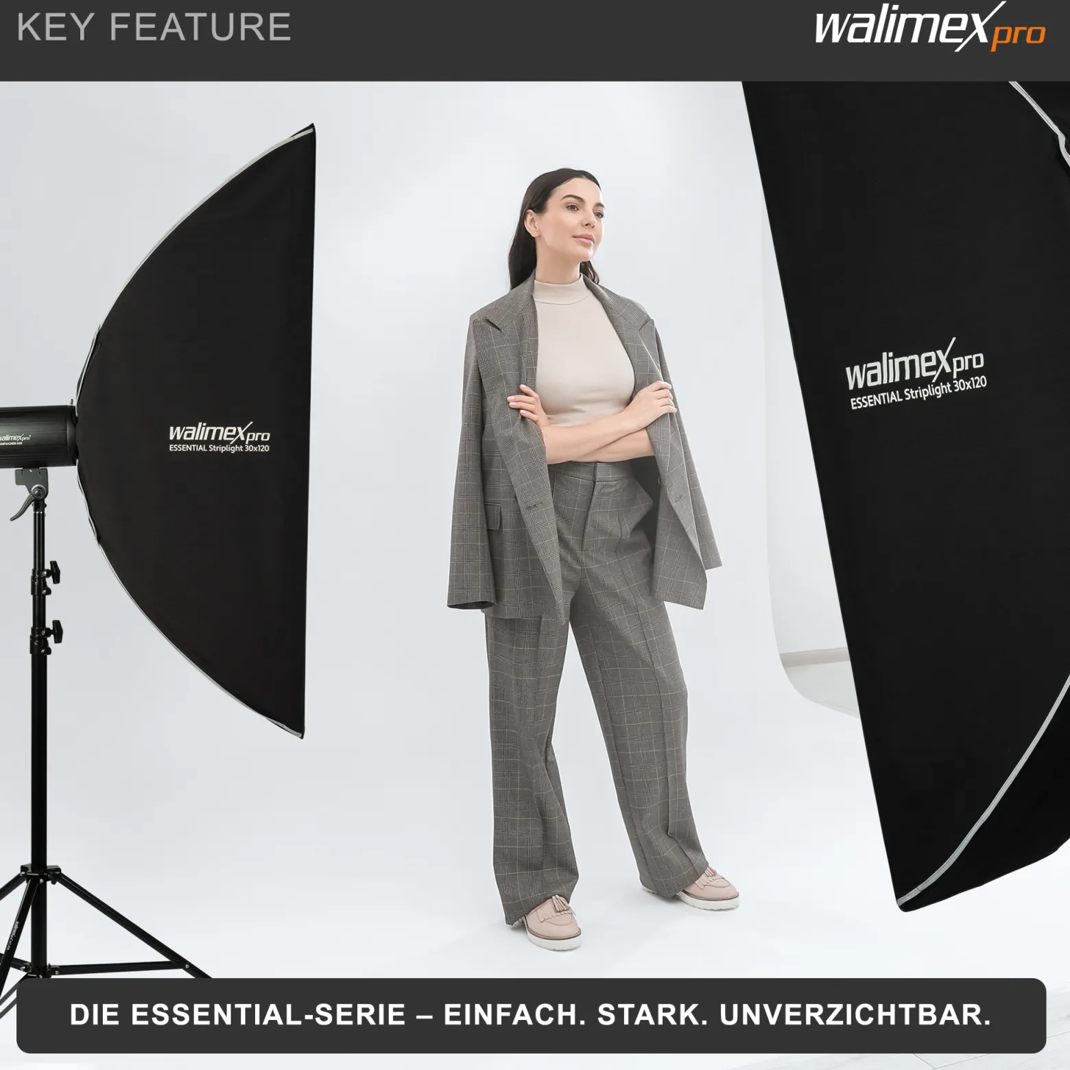 Walimex pro Essential Striplight Softbox 30 x 120 cm, Lichtformer um 360° drehbar, einfacher Aufbau, inkl. Grid, Bowens Adapter und Transporttasche, ideal für Produkt- und Peoplefotografie