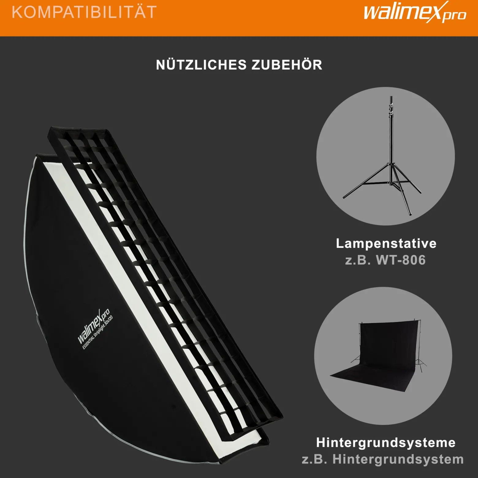 Walimex pro Essential Striplight Softbox 30 x 120 cm, Lichtformer um 360° drehbar, einfacher Aufbau, inkl. Grid, Bowens Adapter und Transporttasche, ideal für Produkt- und Peoplefotografie