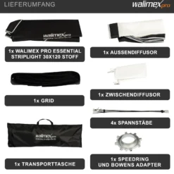 Walimex pro Essential Striplight Softbox 30 x 120 cm, Lichtformer um 360° drehbar, einfacher Aufbau, inkl. Grid, Bowens Adapter und Transporttasche, ideal für Produkt- und Peoplefotografie
