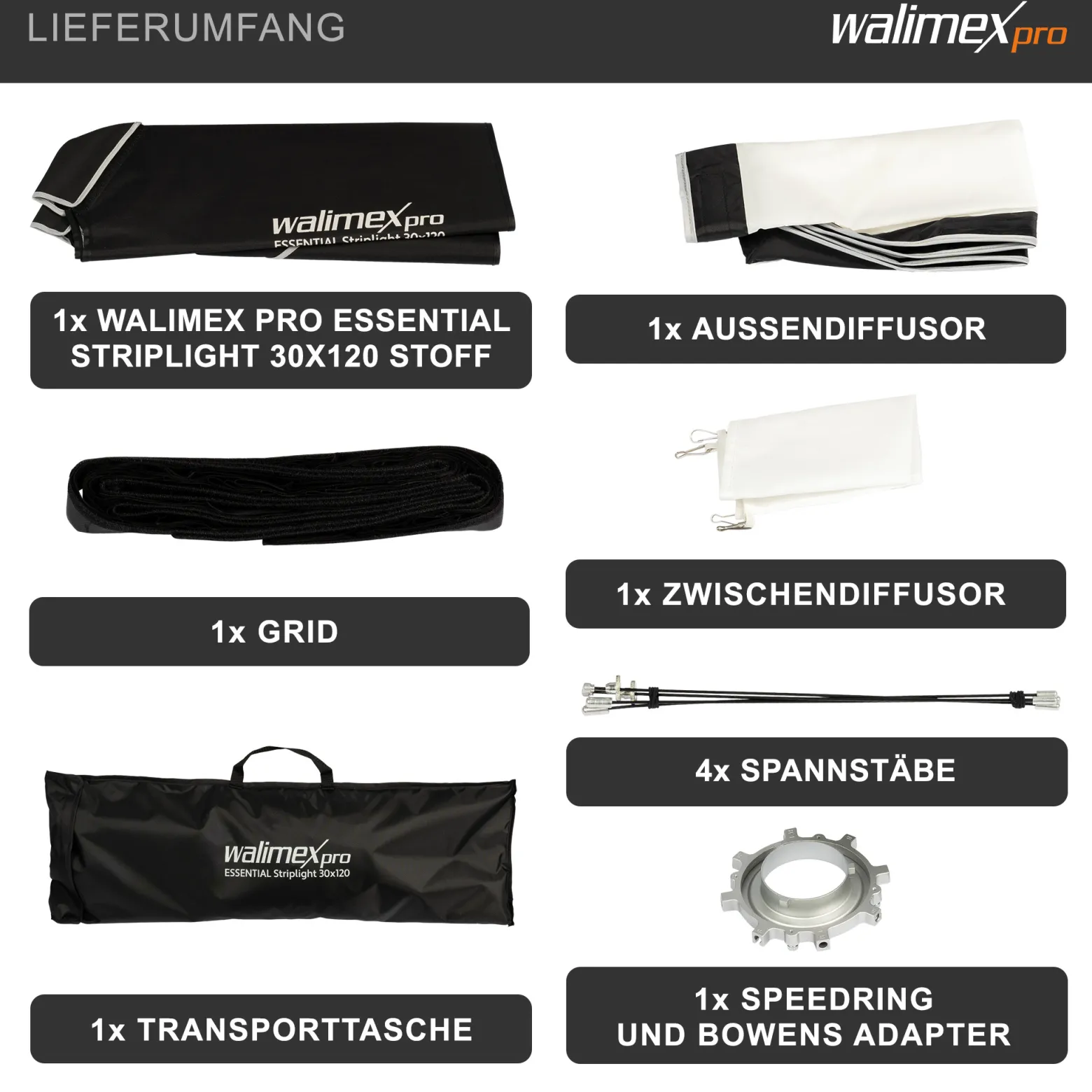 Walimex pro Essential Striplight Softbox 30 x 120 cm, Lichtformer um 360° drehbar, einfacher Aufbau, inkl. Grid, Bowens Adapter und Transporttasche, ideal für Produkt- und Peoplefotografie
