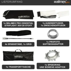 Walimex pro Essential Striplight Softbox 30 x 120 cm + Profoto Adapter 15,2, Lichtformer 360°, einfacher Aufbau, inkl. Grid, Bowens Adapter, Transporttasche, ideal für Produkt- und Peoplefotografie