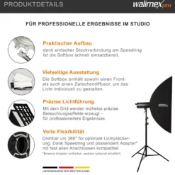 Walimex pro Essential Striplight Softbox 30 x 120 cm + Profoto Adapter 15,2, Lichtformer 360°, einfacher Aufbau, inkl. Grid, Bowens Adapter, Transporttasche, ideal für Produkt- und Peoplefotografie
