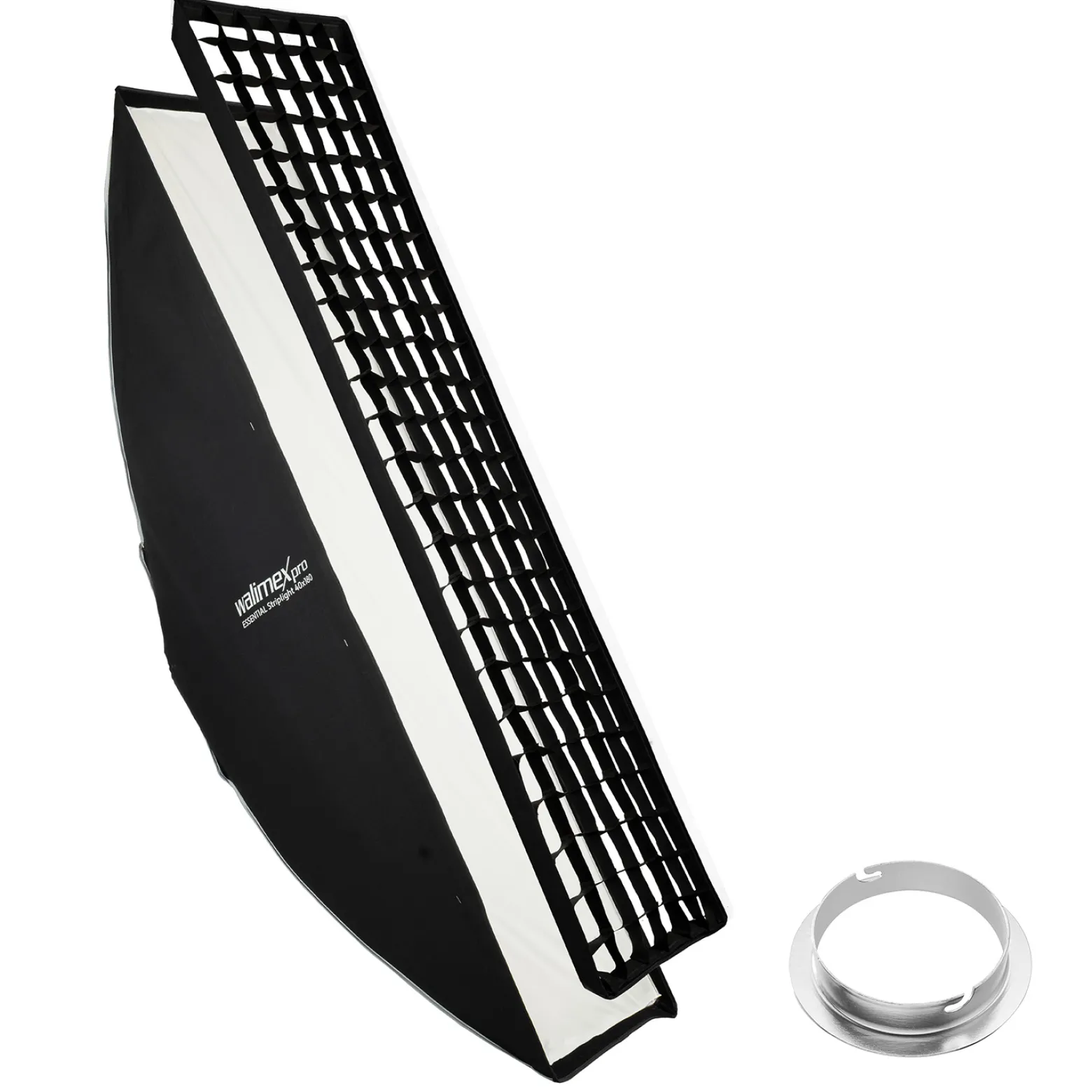 Walimex pro Essential Striplight Softbox 40 x 180 cm + Elinchrom Adapter 15,2, Lichtformer 360°, einfacher Aufbau, inkl. Grid, Bowens Adapter, Transporttasche, ideal für Produkt- und Peoplefotografie