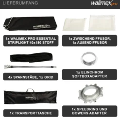 Walimex pro Essential Striplight Softbox 40 x 180 cm + Elinchrom Adapter 15,2, Lichtformer 360°, einfacher Aufbau, inkl. Grid, Bowens Adapter, Transporttasche, ideal für Produkt- und Peoplefotografie