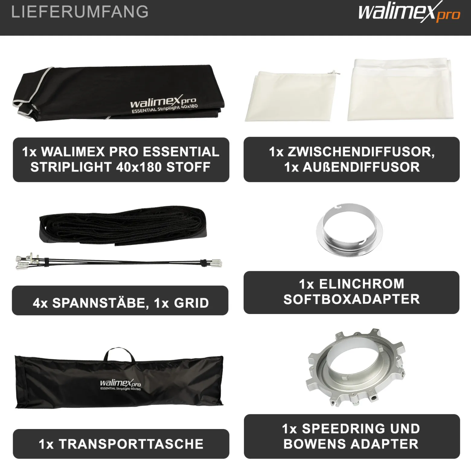 Walimex pro Essential Striplight Softbox 40 x 180 cm + Elinchrom Adapter 15,2, Lichtformer 360°, einfacher Aufbau, inkl. Grid, Bowens Adapter, Transporttasche, ideal für Produkt- und Peoplefotografie