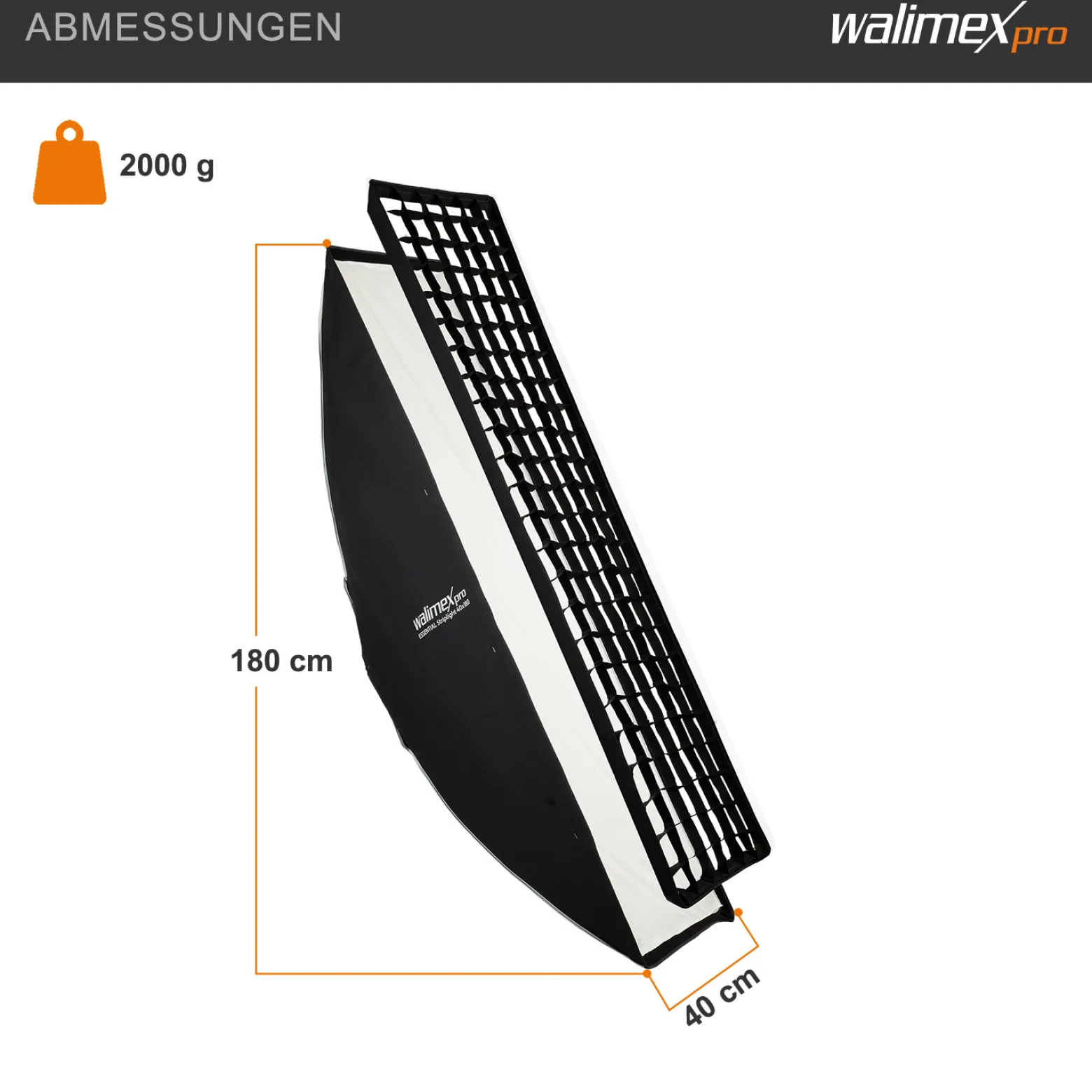 Walimex pro Essential Striplight Softbox 40 x 180 cm + Elinchrom Adapter 15,2, Lichtformer 360°, einfacher Aufbau, inkl. Grid, Bowens Adapter, Transporttasche, ideal für Produkt- und Peoplefotografie