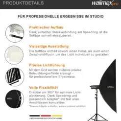 Walimex pro Essential Striplight Softbox 40x180cm + Softboxadapter für Profoto (Außendurchmesser: 15,2 cm), um 360° drehbar, einfacher Aufbau, inkl. Grid, Bowens Adapter und Transporttasche