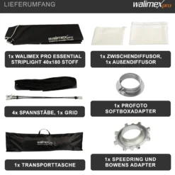 Walimex pro Essential Striplight Softbox 40x180cm + Softboxadapter für Profoto (Außendurchmesser: 15,2 cm), um 360° drehbar, einfacher Aufbau, inkl. Grid, Bowens Adapter und Transporttasche