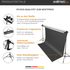 Walimex pro 3-fach Hintergrundsystem 145-290 cm breit, Hintergrundständer für bis zu 3 Leinwände aus Papier & Stoff, Fotohintergrund bis 250 cm Höhe für Fotografie, Video & Green Screen