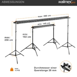 Walimex pro 3-fach Hintergrundsystem 145-290 cm breit, Hintergrundständer für bis zu 3 Leinwände aus Papier & Stoff, Fotohintergrund bis 250 cm Höhe für Fotografie, Video & Green Screen