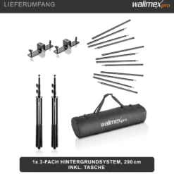 Walimex pro 3-fach Hintergrundsystem 145-290 cm breit, Hintergrundständer für bis zu 3 Leinwände aus Papier & Stoff, Fotohintergrund bis 250 cm Höhe für Fotografie, Video & Green Screen