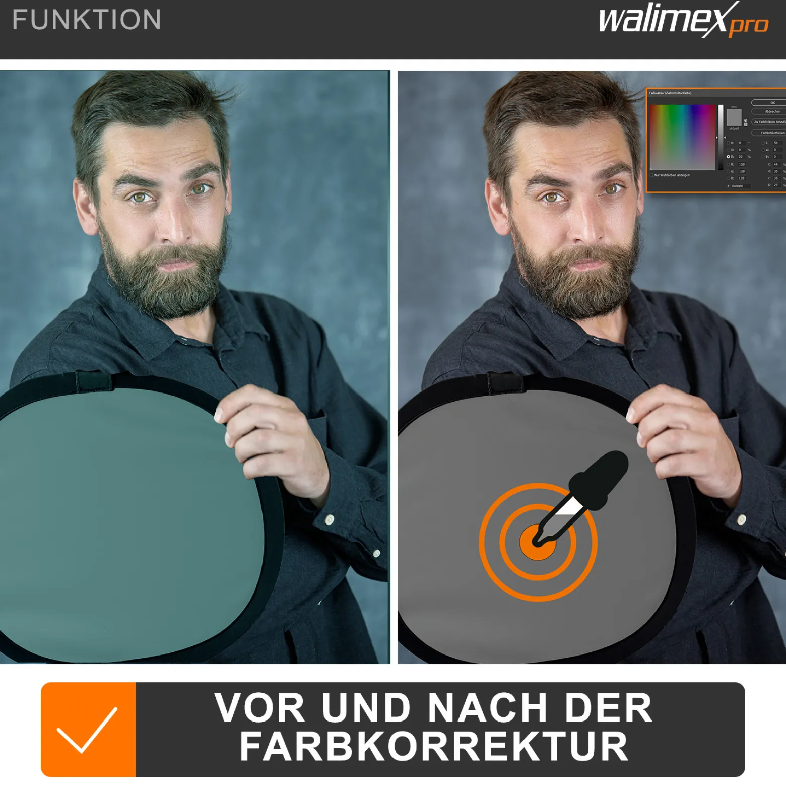 Walimex pro Faltbare Graukarte 30 x 30 cm graue Seite für Belichtungsmessung und weiße Seite für Weißabgleich