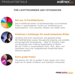 Walimex pro Farbfilterset 12tlg. 40 x 50 cm für Studio und Bühne, Farbfolien für Scheinwerfer, Blitz und LED-Dauerlicht, zuschneidbar, große Farbauswahl