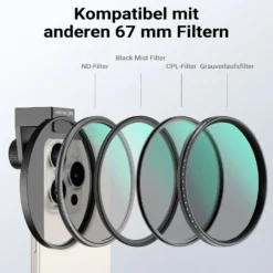Walimex pro Filterhalter 67 mm für Handykamera, inkl. ND2-ND400 Filter 67 mm, Cold Shoe Mount für LED und Mikrofon, Fotozubehör für professionelles Fotografieren mit Smartphone und Handy