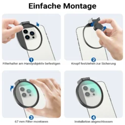 Walimex pro Filterhalter 67 mm für Handykamera, inkl. Polfilter 67 mm, Cold Shoe Mount für LED und Mikrofon, Fotozubehör für professionelles Fotografieren mit Smartphone und Handy