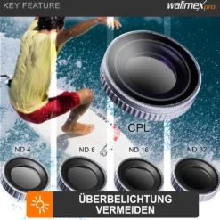 Walimex pro Filter Set für DJI OSMO Action CPL/ND MC - ND4 ND8 ND16 ND32 und CPL Polfilter - 16x mehrschichtvergütet Glas, Alurahmen - kratzresistent ölbeständig wasserresistent