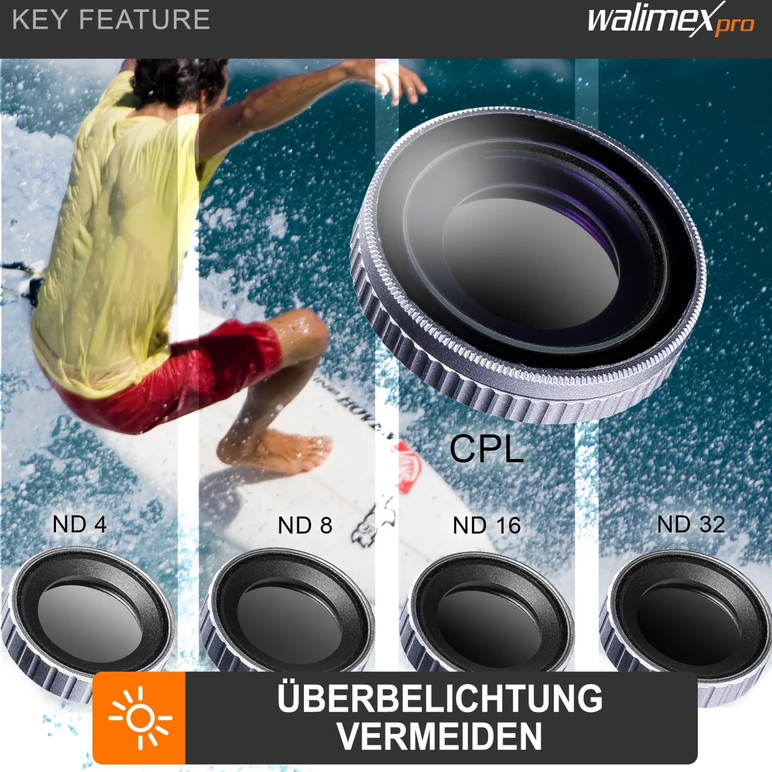 Walimex pro Filter Set für DJI OSMO Action CPL/ND MC - ND4 ND8 ND16 ND32 und CPL Polfilter - 16x mehrschichtvergütet Glas, Alurahmen - kratzresistent ölbeständig wasserresistent