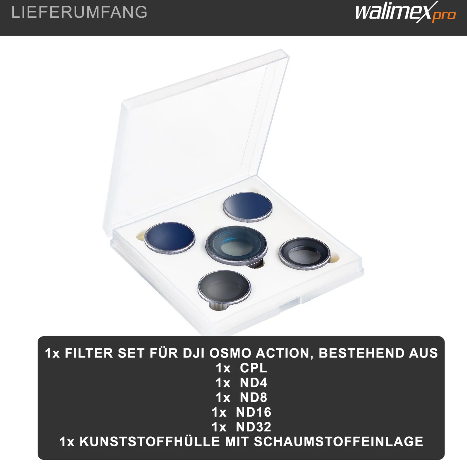 Walimex pro Filter Set für DJI OSMO Action CPL/ND MC - ND4 ND8 ND16 ND32 und CPL Polfilter - 16x mehrschichtvergütet Glas, Alurahmen - kratzresistent ölbeständig wasserresistent