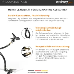 Walimex pro Flexible Halterung Schwanenhals XL 630 x 19 x 19 mm mit 5/8" Spigot und 1/4" / 3/8" Gewinde, flexibler Kamerazubehör Halter für Kamera, Licht, Mikrofon und Reflektor