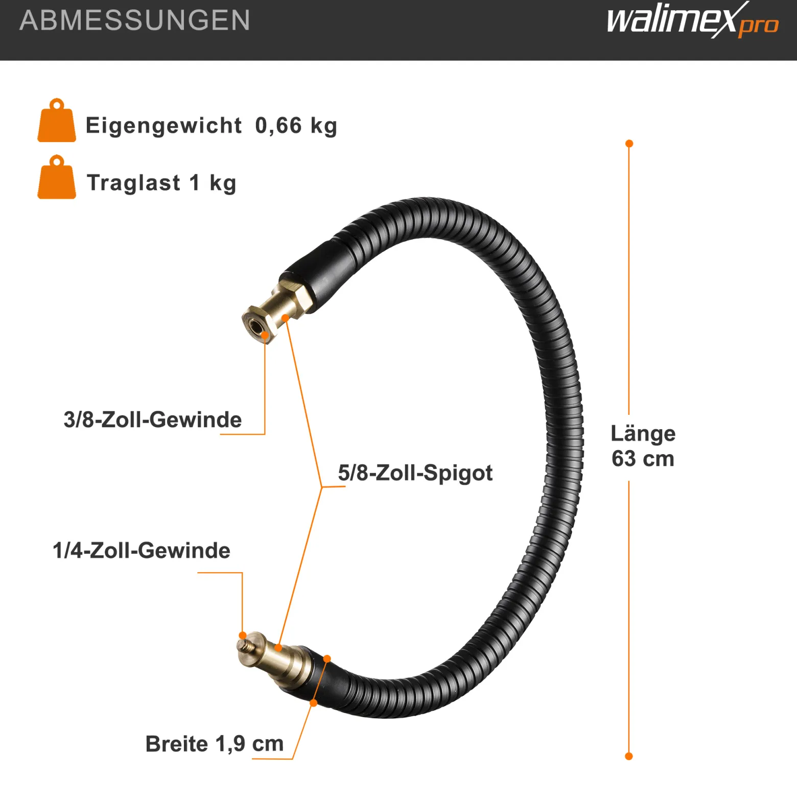 Walimex pro Flexible Halterung Schwanenhals XL 630 x 19 x 19 mm mit 5/8" Spigot und 1/4" / 3/8" Gewinde, flexibler Kamerazubehör Halter für Kamera, Licht, Mikrofon und Reflektor