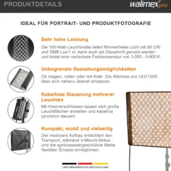Walimex pro Flex LED 1000 Bi Color Leuchtmatte, 100 W Flächenleuchte, flexible Studioleuchte dimmbar, spritzwassergeschützte Videoleuchte mit Display und Akku-Steckplatz