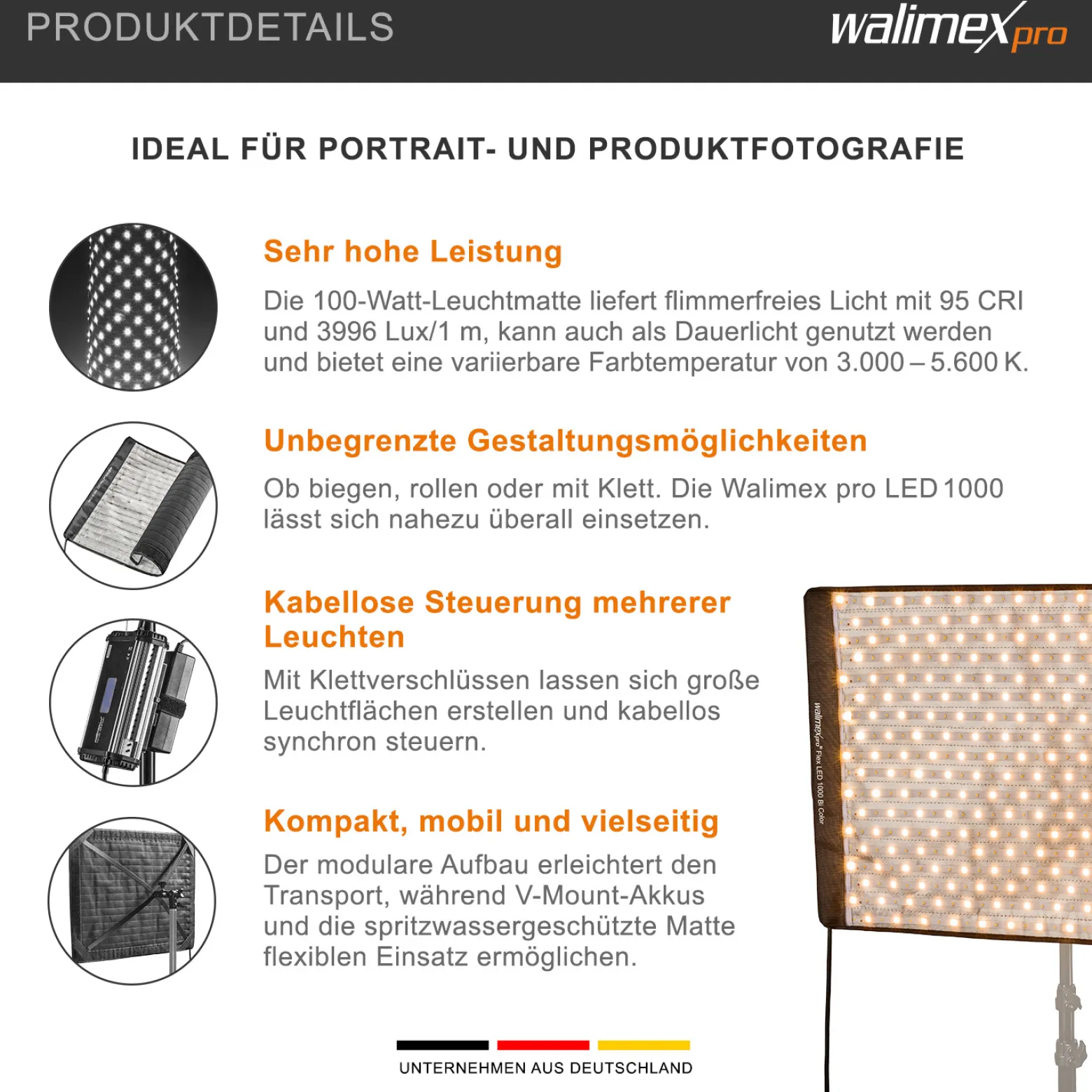 Walimex pro Flex LED 1000 Bi Color Leuchtmatte, 100 W Flächenleuchte, flexible Studioleuchte dimmbar, spritzwassergeschützte Videoleuchte mit Display und Akku-Steckplatz