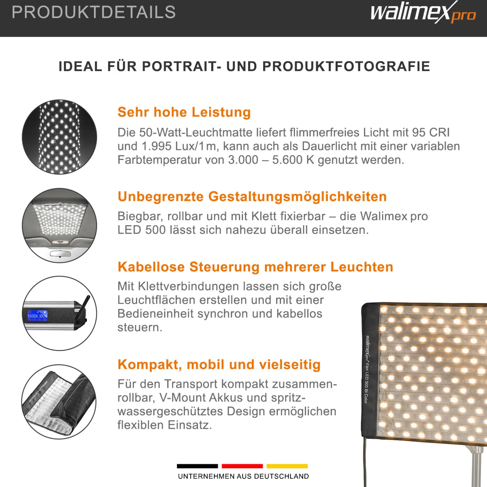 Walimex pro Flex LED 500 Bi Color Leuchtmatte, 50 W Flächenleuchte, flexible Studioleuchte dimmbar, spritzwassergeschützte Videoleuchte mit Display und Akku-Steckplatz