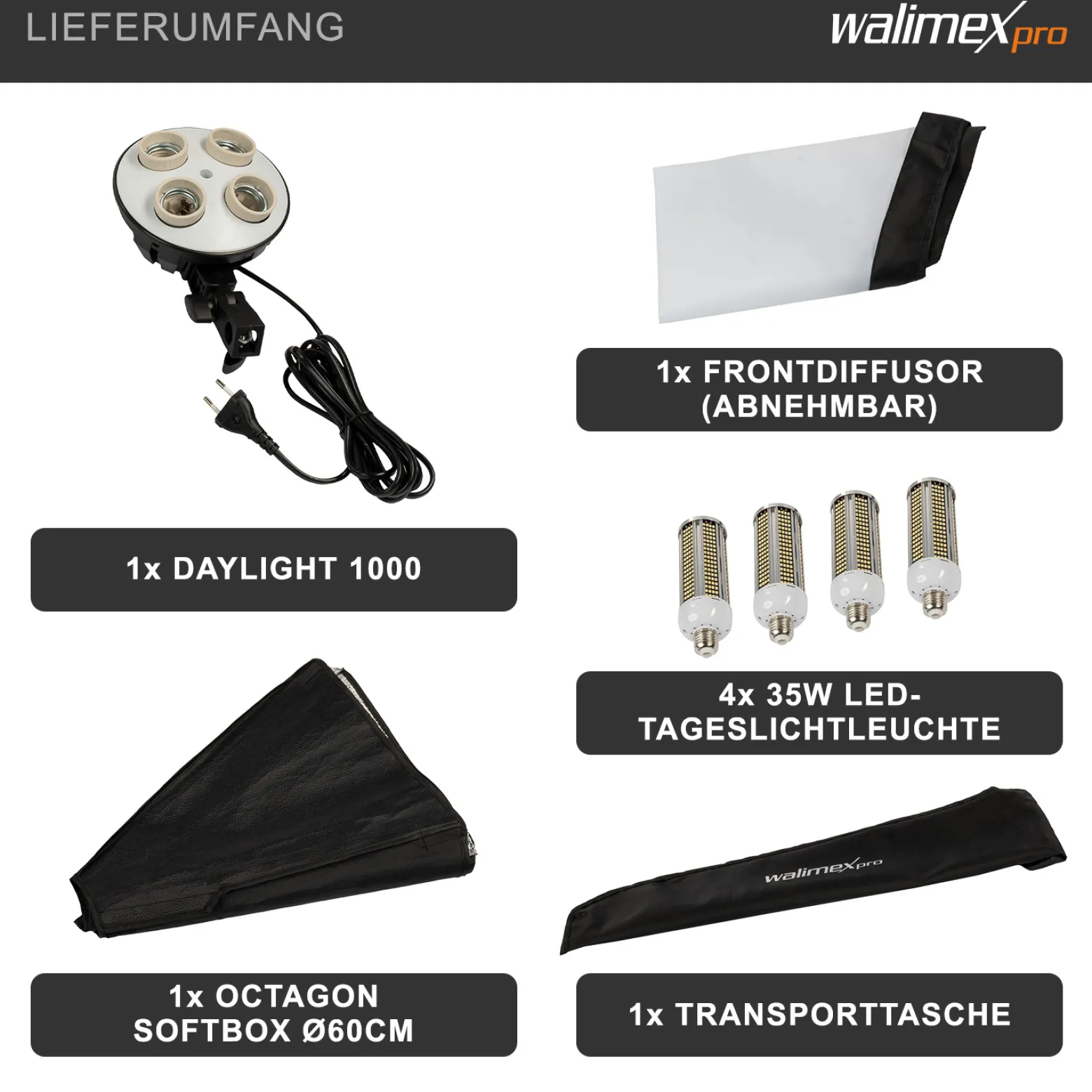 Walimex pro Fotostudio Set mit Softbox 60 cm und 4x LED je 35 W, Soft Box mit 135° Neigung, Studio Beleuchtung mit Diffusor und Daylight Farbtemperatur