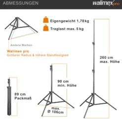 Walimex pro FT-8051 Lampenstativ bis 260 cm Höhe mit Federdämpfung inkl. 3/8" Adapter & Taschen