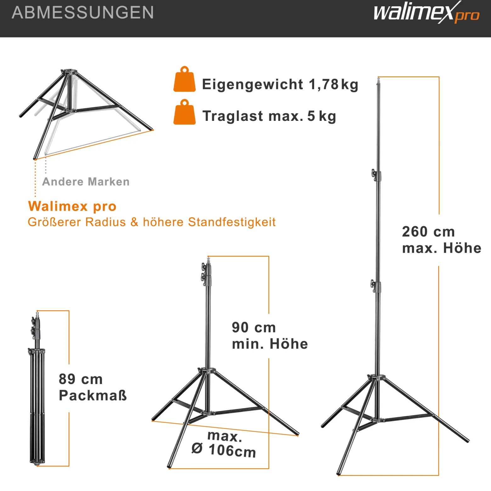 Walimex pro FT-8051 Lampenstativ bis 260 cm Höhe mit Federdämpfung inkl. 3/8" Adapter & Taschen