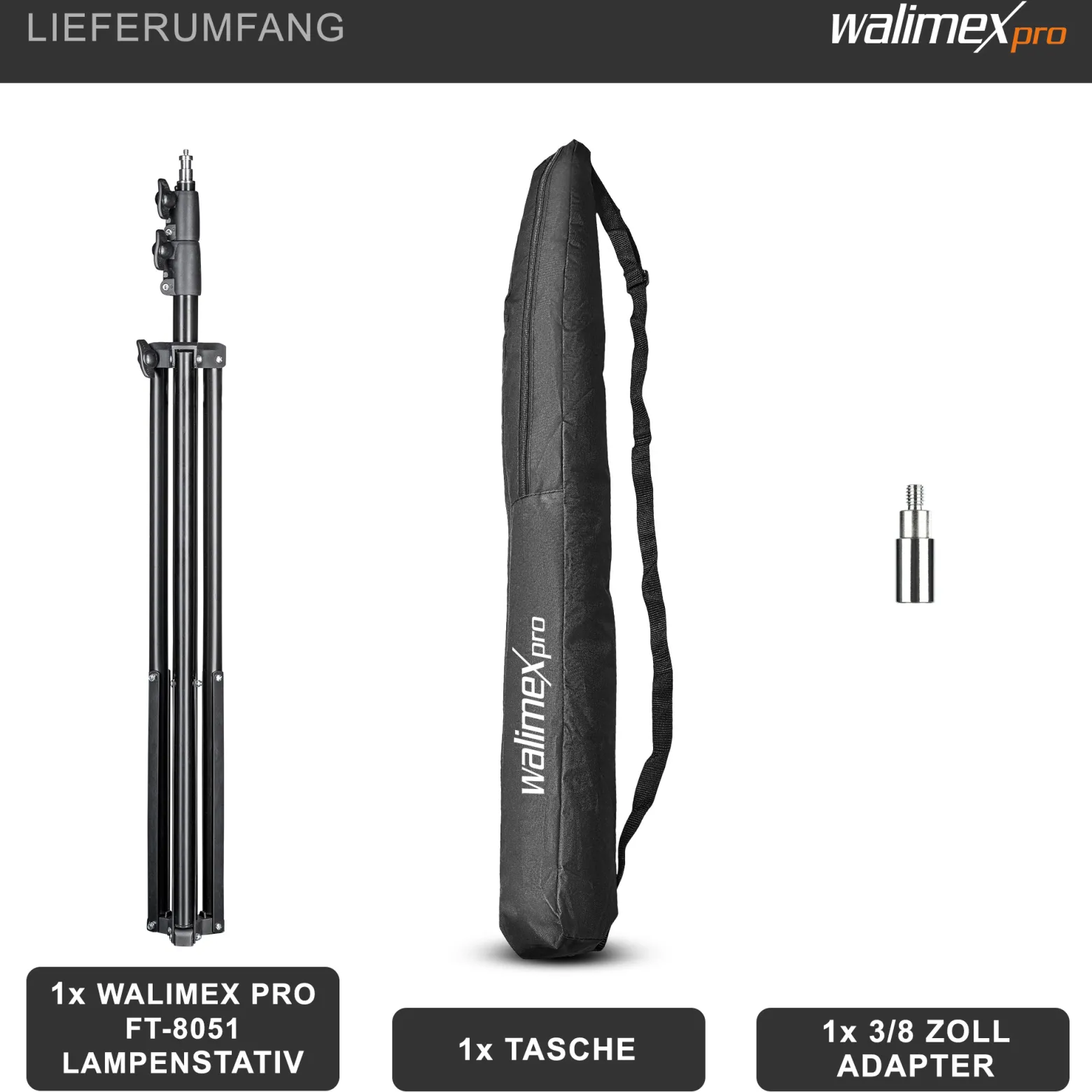 Walimex pro FT-8051 Lampenstativ bis 260 cm Höhe mit Federdämpfung inkl. 3/8" Adapter & Taschen
