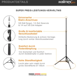 Walimex pro FT-8051 Lampenstativ bis 260 cm Höhe mit Federdämpfung inkl. 3/8