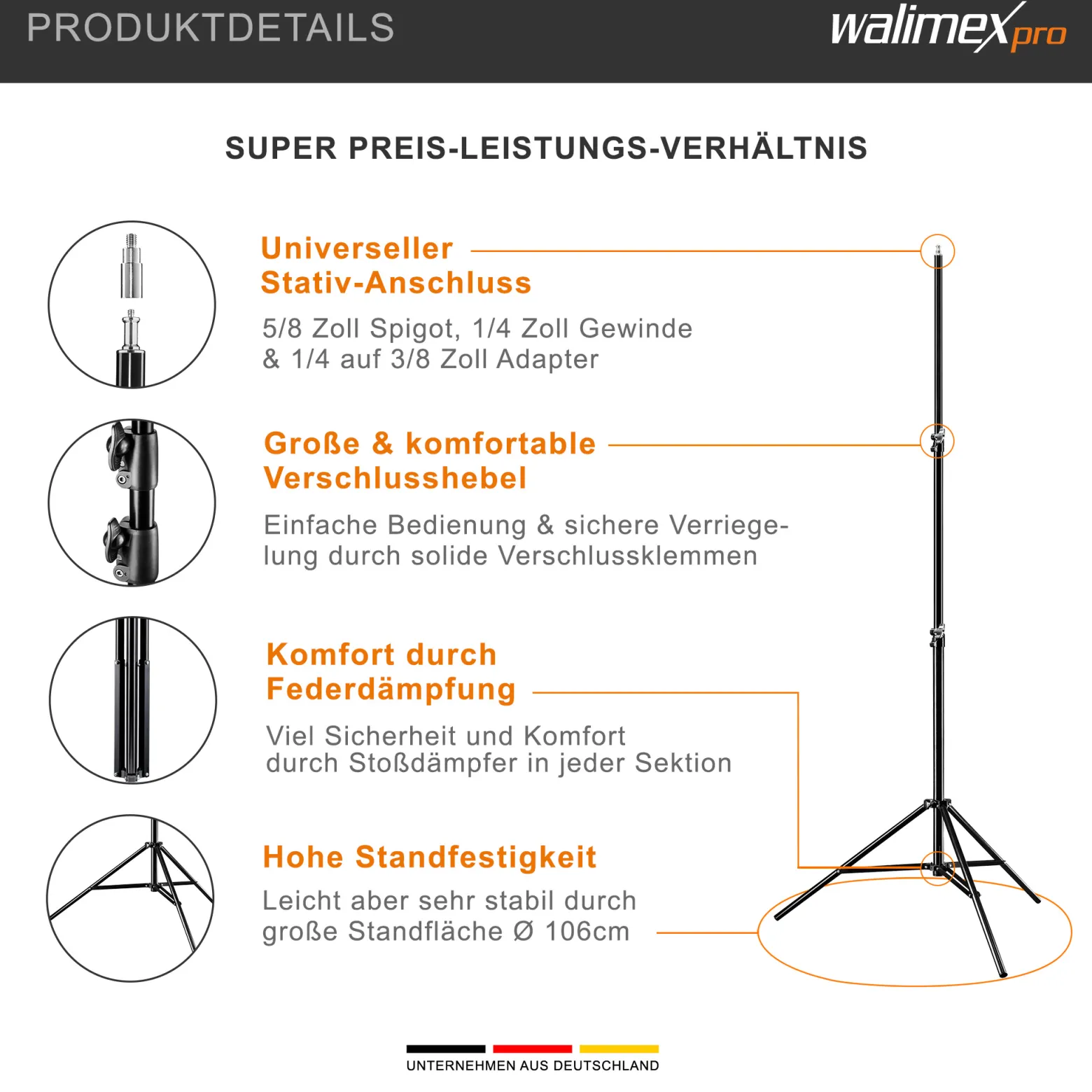 Walimex pro FT-8051 Lampenstativ bis 260 cm Höhe mit Federdämpfung inkl. 3/8" Adapter & Taschen