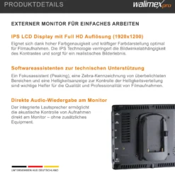 Walimex pro Full HD Monitor Director III, 7 Zoll / 17 x 176 x 130 mm mit HDMI und AV Eingang, IPS-Panel, Peaking Zebra Histogramm