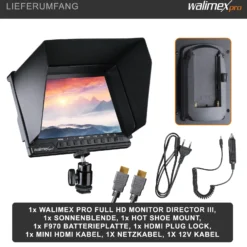 Walimex pro Full HD Monitor Director III, 7 Zoll / 17 x 176 x 130 mm mit HDMI und AV Eingang, IPS-Panel, Peaking Zebra Histogramm