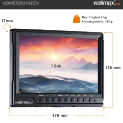 Walimex pro Full HD Monitor Director III, 7 Zoll / 17 x 176 x 130 mm mit HDMI und AV Eingang, IPS-Panel, Peaking Zebra Histogramm