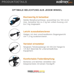 Walimex pro Galgen für Lampenstativ ausziehbar 70 bis 183 cm, Boom Arm neiggbar und bis 5 kg belastbar, 5/8 Zoll Spigot, Auslegearm ideal für Softboxen, Reflektoren, Schirme oder Mikrofone