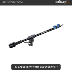 Walimex pro Galgen für Lampenstativ ausziehbar 70 bis 183 cm, Boom Arm neiggbar und bis 5 kg belastbar, 5/8 Zoll Spigot, Auslegearm ideal für Softboxen, Reflektoren, Schirme oder Mikrofone