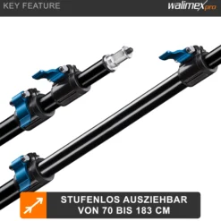 Walimex pro Galgen für Lampenstativ ausziehbar 70 bis 183 cm, Boom Arm neiggbar und bis 5 kg belastbar, 5/8 Zoll Spigot, Auslegearm ideal für Softboxen, Reflektoren, Schirme oder Mikrofone