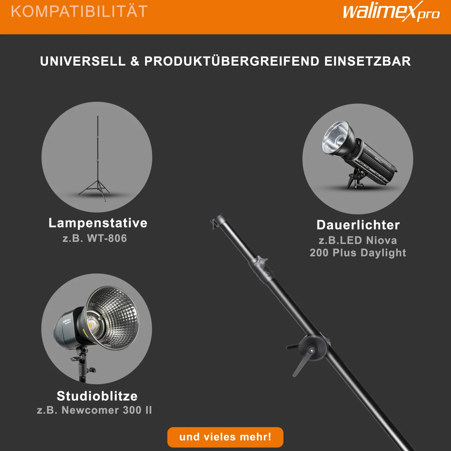 Walimex pro Galgen mit Beschwerungstasche ausziehbar 120-220 cm schwarz, Teleskoparm bis 8 kg belastbar, bspw. einsetzbar am Lampenstativ, zum Befestigen von z. B. Studioblitzen und Softboxen