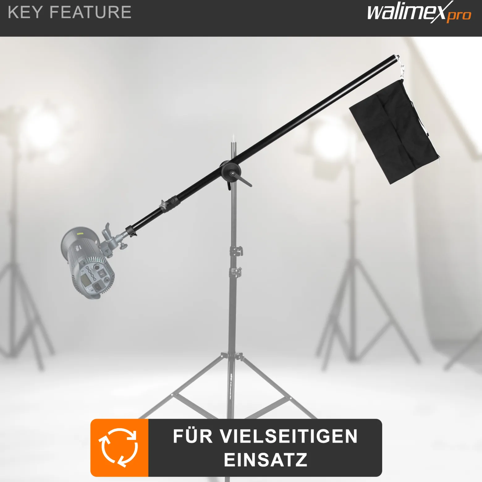 Walimex pro Galgen mit Beschwerungstasche ausziehbar 120-220 cm schwarz, Teleskoparm bis 8 kg belastbar, bspw. einsetzbar am Lampenstativ, zum Befestigen von z. B. Studioblitzen und Softboxen
