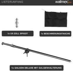 Walimex pro Galgen mit Beschwerungstasche ausziehbar 120-220 cm schwarz, Teleskoparm bis 8 kg belastbar, bspw. einsetzbar am Lampenstativ, zum Befestigen von z. B. Studioblitzen und Softboxen
