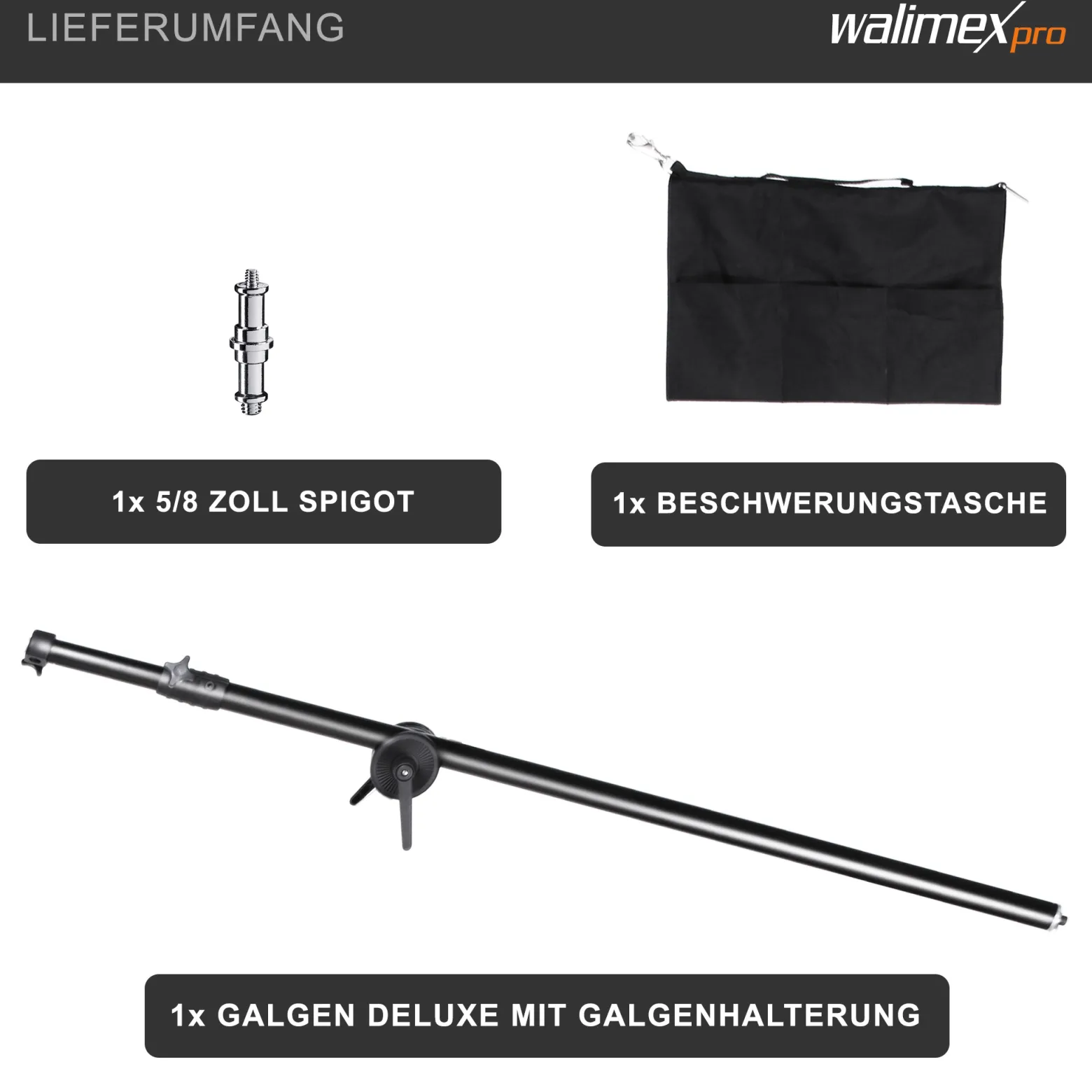 Walimex pro Galgen mit Beschwerungstasche ausziehbar 120-220 cm schwarz, Teleskoparm bis 8 kg belastbar, bspw. einsetzbar am Lampenstativ, zum Befestigen von z. B. Studioblitzen und Softboxen