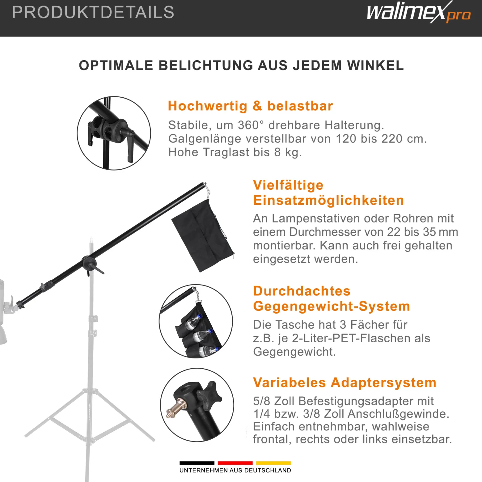 Walimex pro Galgen mit Beschwerungstasche ausziehbar 120-220 cm schwarz, Teleskoparm bis 8 kg belastbar, bspw. einsetzbar am Lampenstativ, zum Befestigen von z. B. Studioblitzen und Softboxen