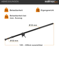 Walimex pro Galgen mit Beschwerungstasche ausziehbar 120-220 cm schwarz, Teleskoparm bis 8 kg belastbar, bspw. einsetzbar am Lampenstativ, zum Befestigen von z. B. Studioblitzen und Softboxen