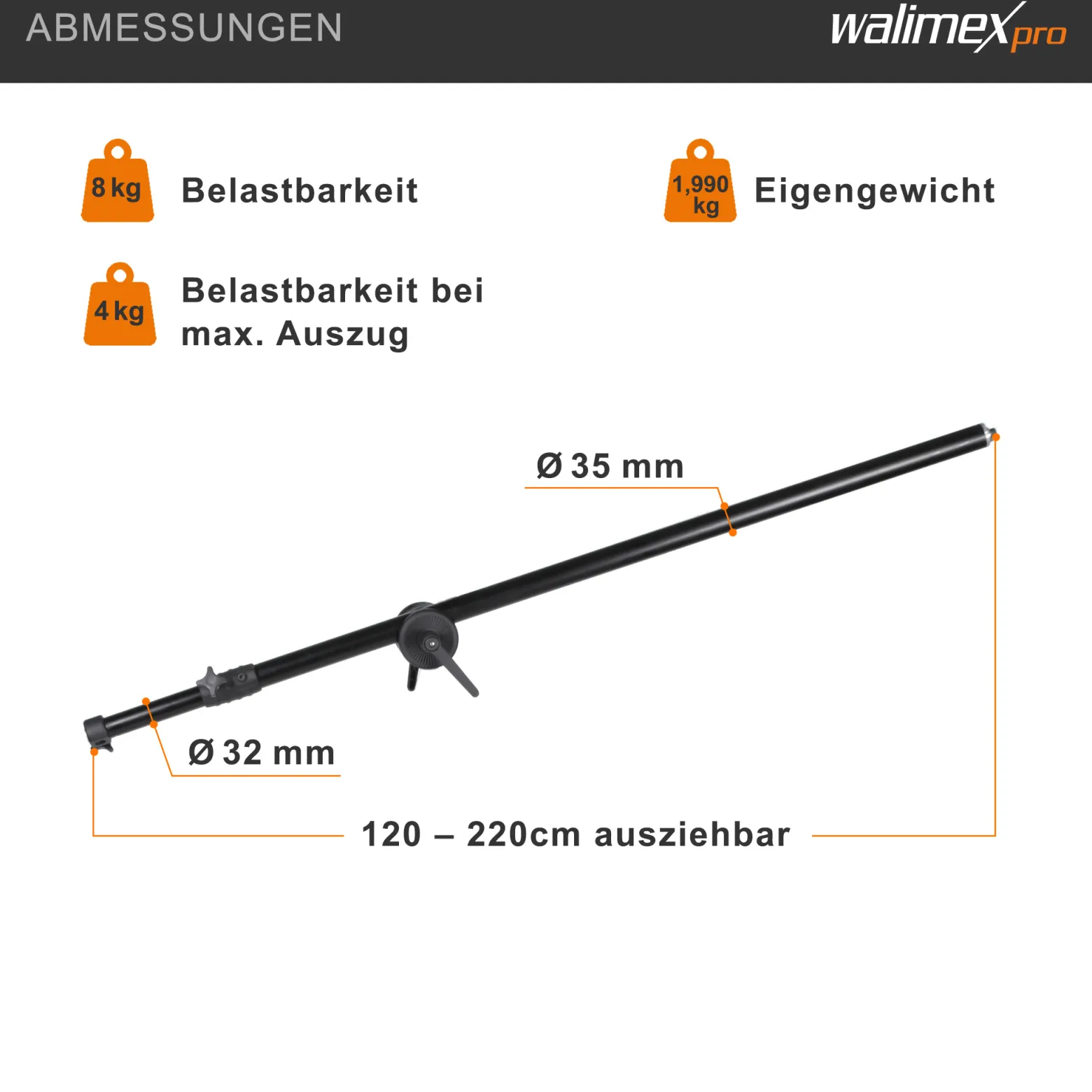 Walimex pro Galgen mit Beschwerungstasche ausziehbar 120-220 cm schwarz, Teleskoparm bis 8 kg belastbar, bspw. einsetzbar am Lampenstativ, zum Befestigen von z. B. Studioblitzen und Softboxen