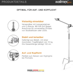 Walimex pro Galgen mit 2 Schraubklemmen 1000 x 140 x 70 mm Traglast max. 10 kg mit 5/8