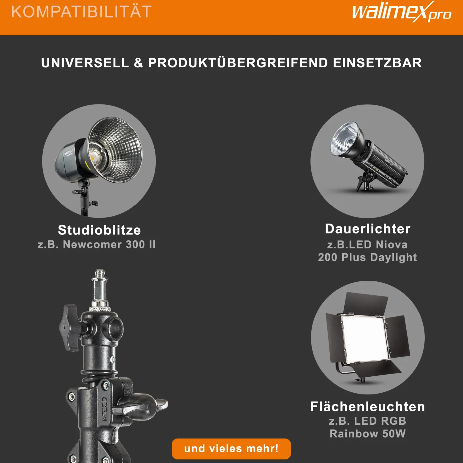 Walimex pro Galgenstativ mit Rollen, stabiles Lampenstativ höhenverstellbar 130-390 cm, ausziehbarer Teleskoparm 115-215 cm, für Softboxen und Reflektoren